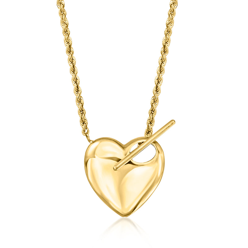 14kt yellow gold heart toggle necklace, heart pendant with bar clasp