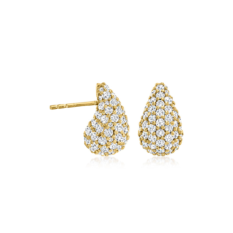 Teardrop white topaz stud earrings with gold posts, clustered stones on teardrop setting