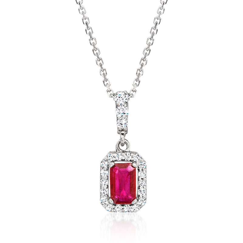 18k white gold ruby and diamond pendant necklace, cushion-cut ruby with diamond halo.