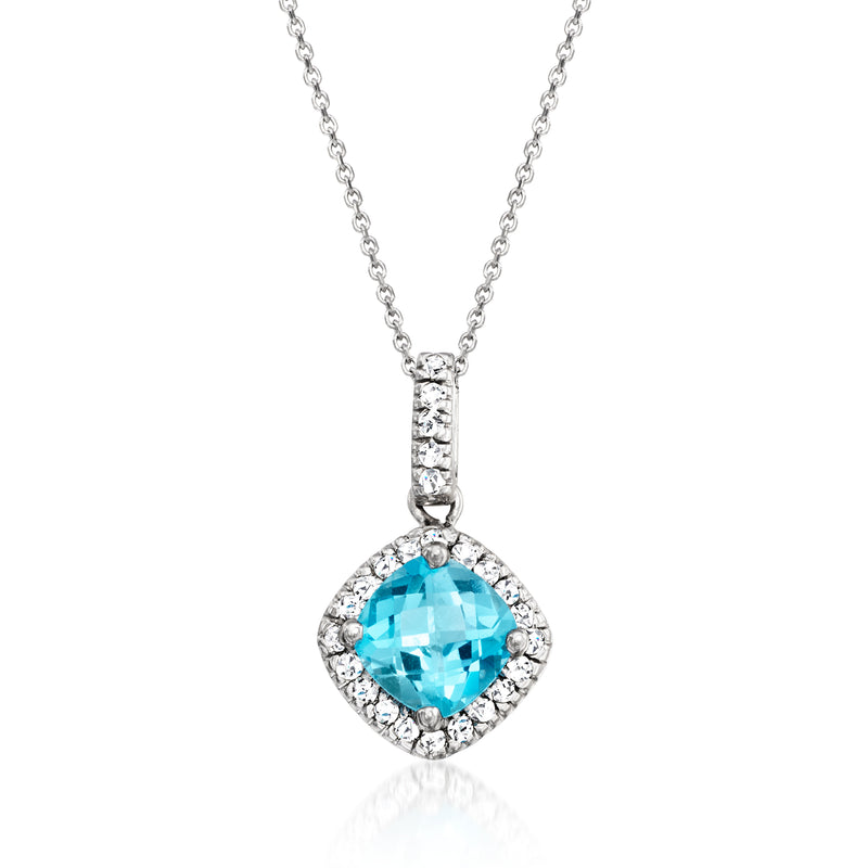 14kt white gold pendant necklace with cushion Swiss blue topaz and diamond halo