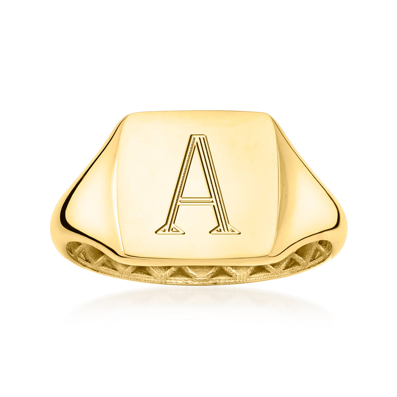 Yellow gold signet ring with engraved letter A on the flat face