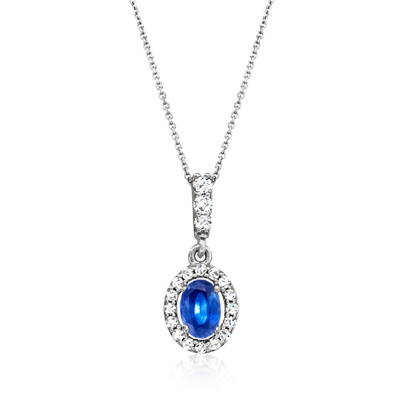 14kt white gold pendant necklace with oval blue sapphire and diamond halo