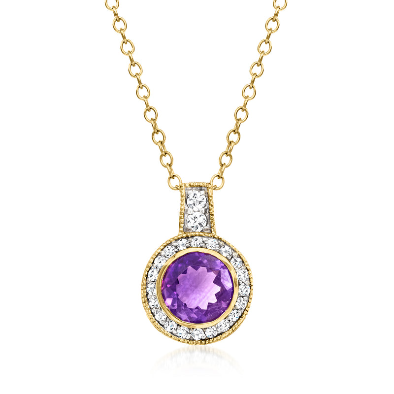14kt yellow gold pendant necklace with round purple amethyst and diamond halo on chain