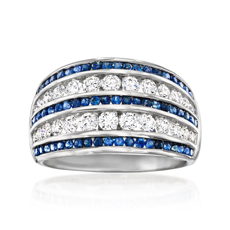Multi-row sapphire and diamond ring in 14kt white gold, blue and clear stones
