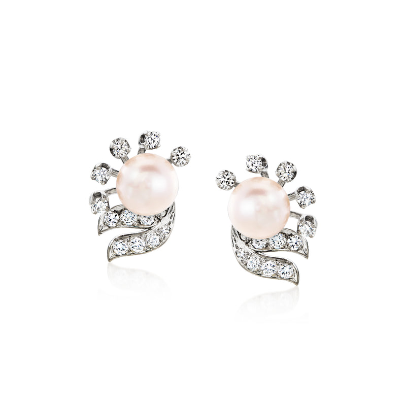 Cultured pearl and diamond swirl stud earrings in platinum with post backs