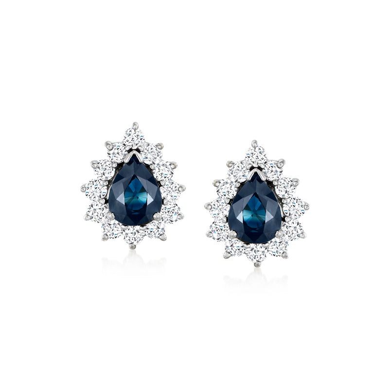 14kt white gold sapphire and diamond stud earrings with blue teardrop center and halo