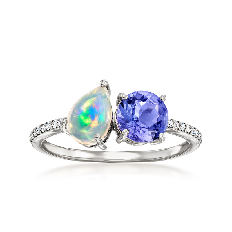 14kt white gold toi et moi ring with opal marquise, purple oval stone, diamond accents