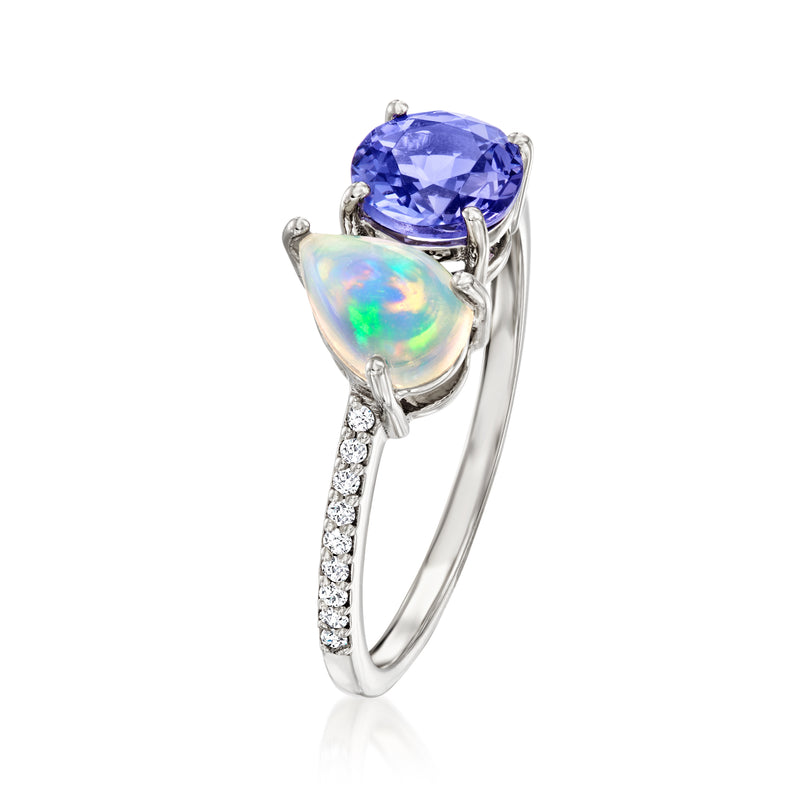 Opal and tanzanite toi et moi ring with diamond accents in white gold