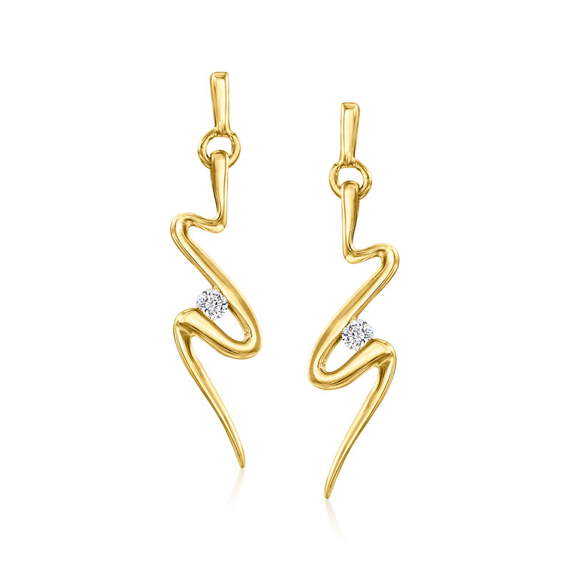 14kt yellow gold zigzag drop earrings with small round diamond accents