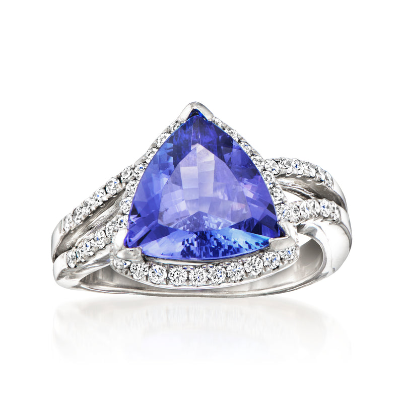 18kt white gold ring with blue-violet tanzanite center and diamond halo