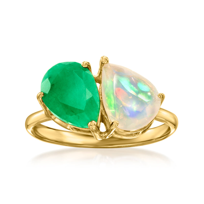 18k gold-tone toi et moi ring with emerald-green oval and opalescent pear stones