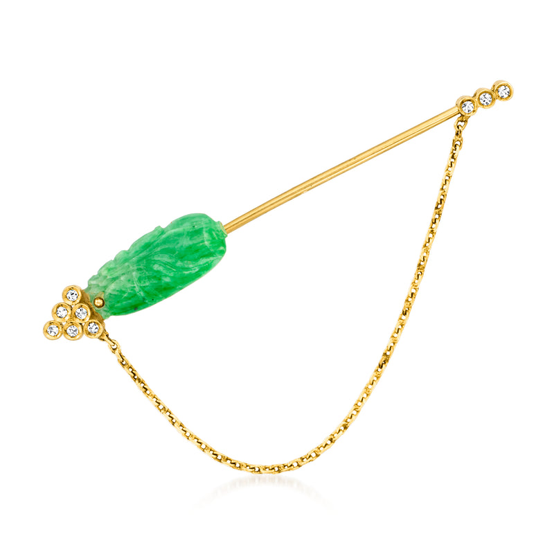 Vintage jade and diamond stick pin in 14kt yellow gold, oval green jade with diamond accents.