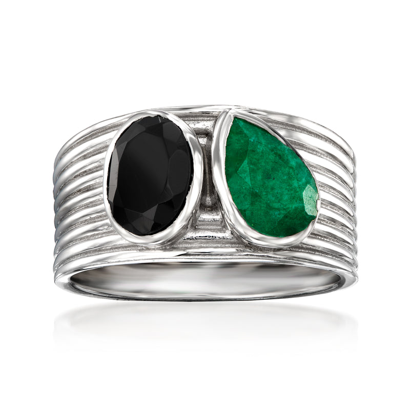 Sterling silver ring with oval black stone, oval green stone, ribbed split shank