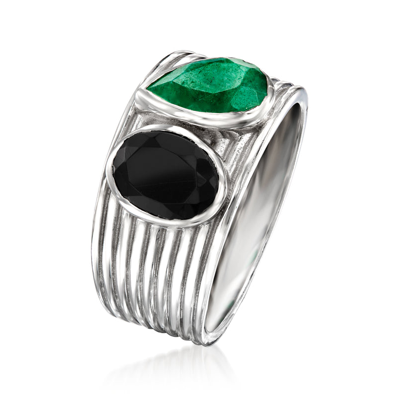 Sterling silver ring showing green oval top stone and black oval side stone, ribbed band