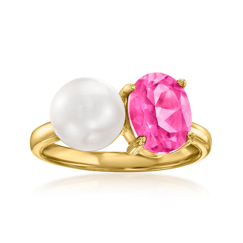 Gold-tone toi et moi ring with a round white cultured pearl and oval pink topaz