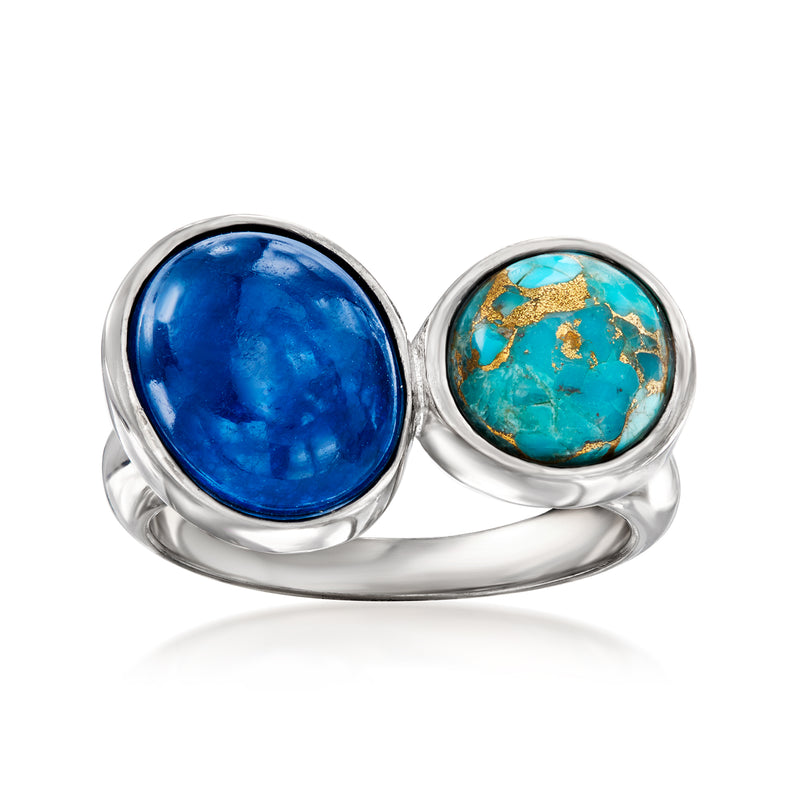 Sterling silver toi et moi ring with blue and turquoise cabochon stones