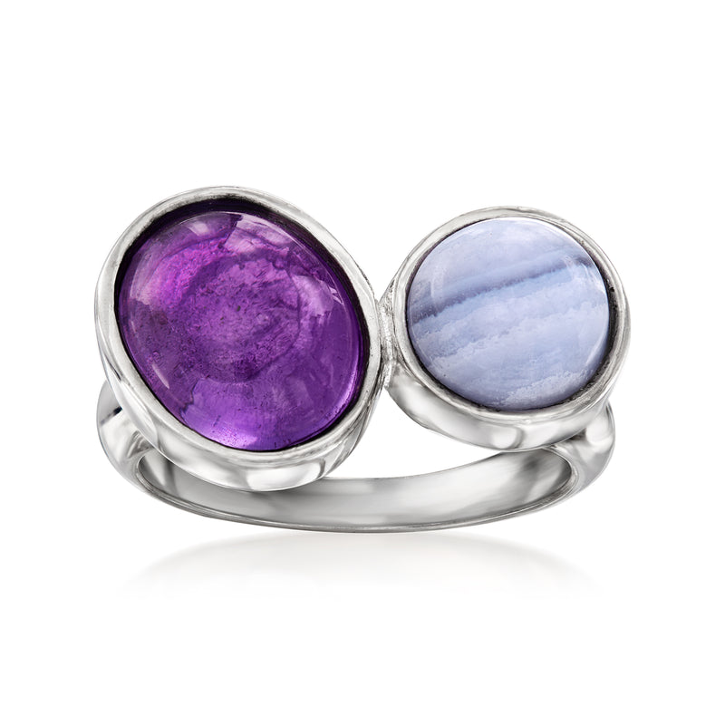 Sterling silver toi et moi ring with oval purple amethyst and oval blue agate stones