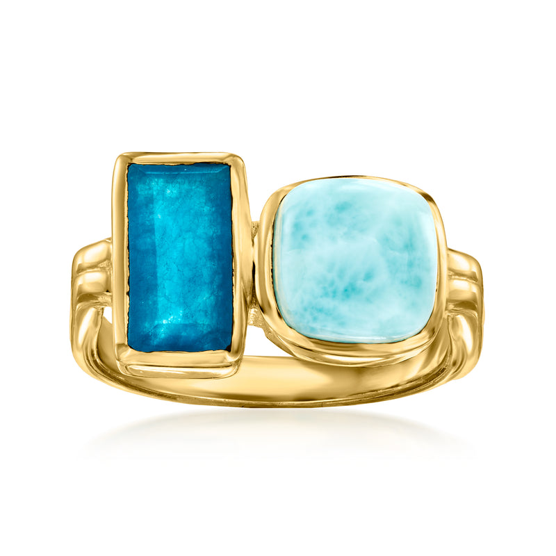 Gold toi et moi ring with rectangular blue Larimar and oval light-blue quartz stones