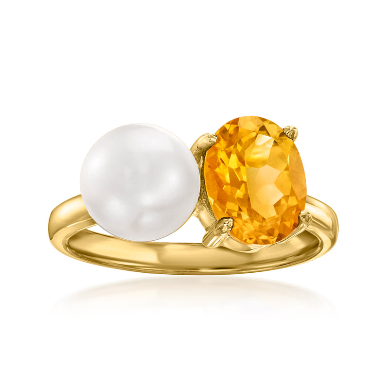 18kt gold over sterling Toi et Moi ring with white cultured pearl and oval yellow citrine