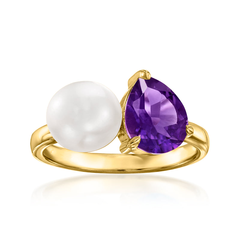 Gold toi et moi ring with white cultured pearl and purple amethyst center