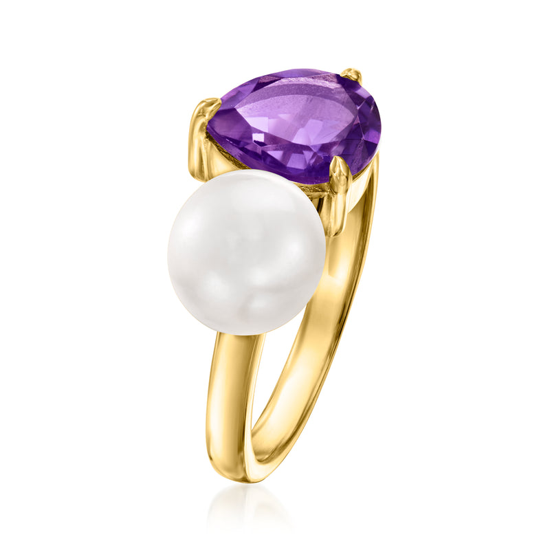 Gold ring with purple oval amethyst stone and white cultured pearl