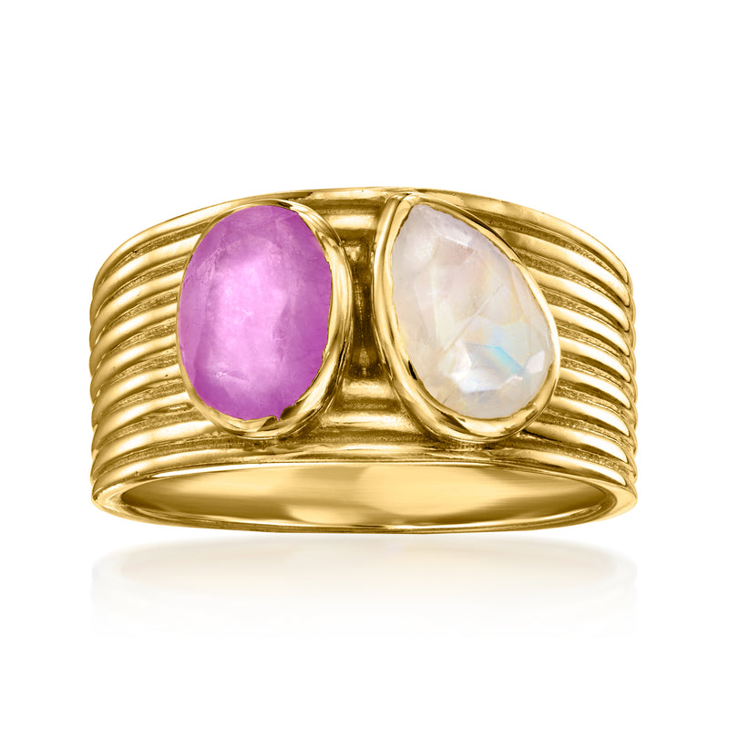 18kt gold over sterling toi et moi ring with oval purple and white stones and ridged band