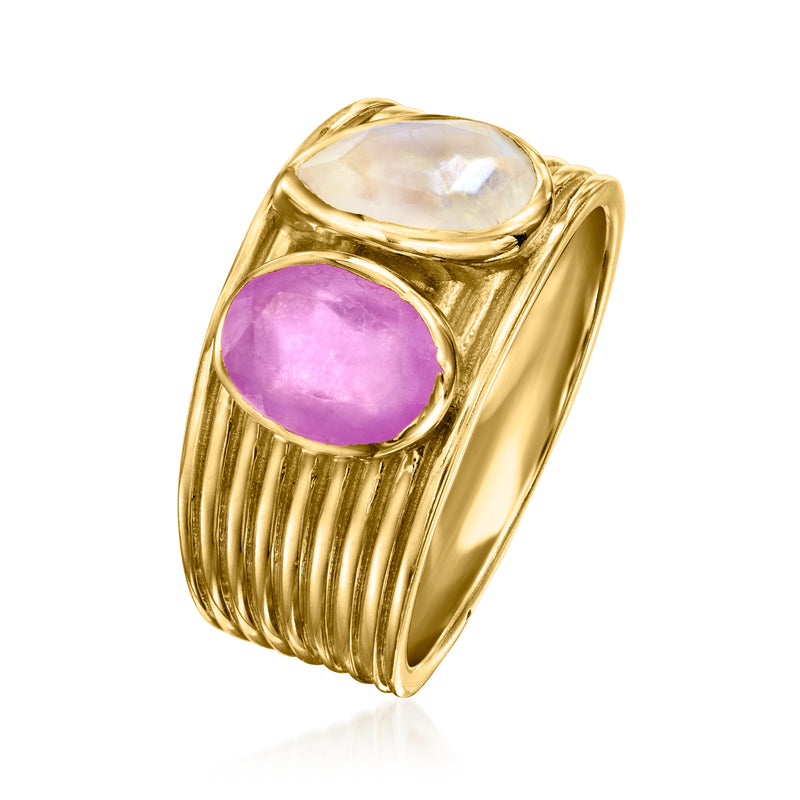 Gold over sterling toi et moi ring, angled view, oval purple and white stones with ridged band