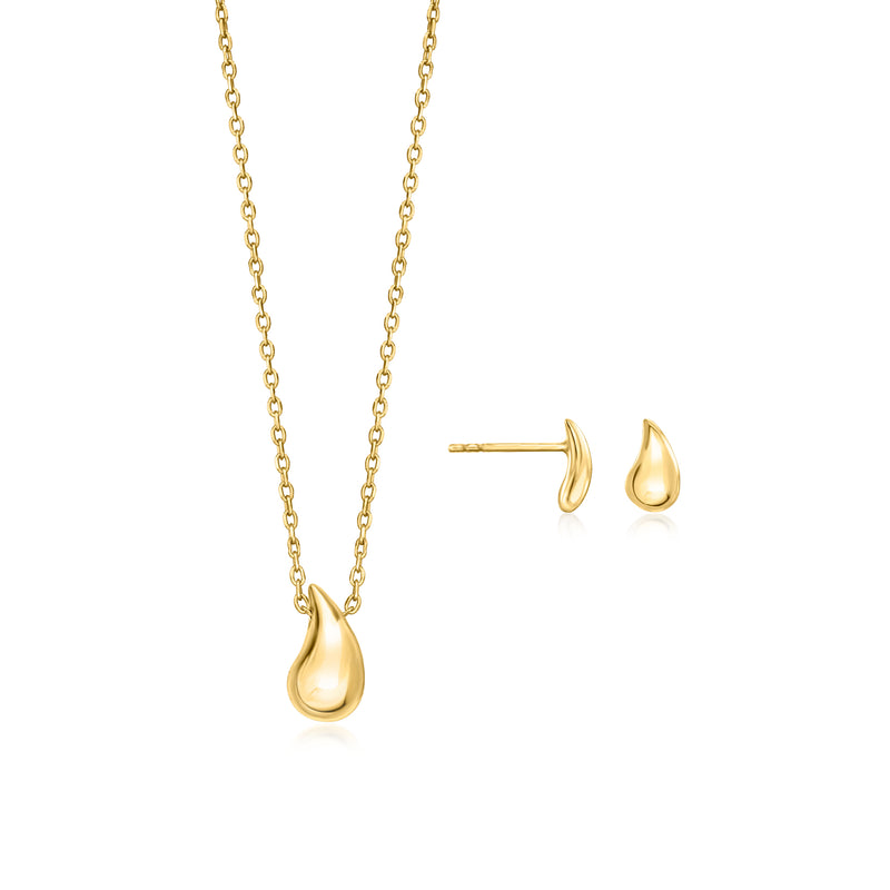 Gold teardrop necklace and stud earrings set, teardrop-shaped pendants on chains