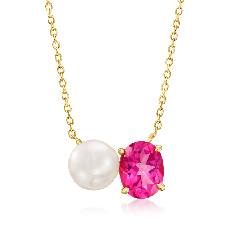 Gold-tone toi et moi necklace with white cultured pearl and oval pink topaz pendant