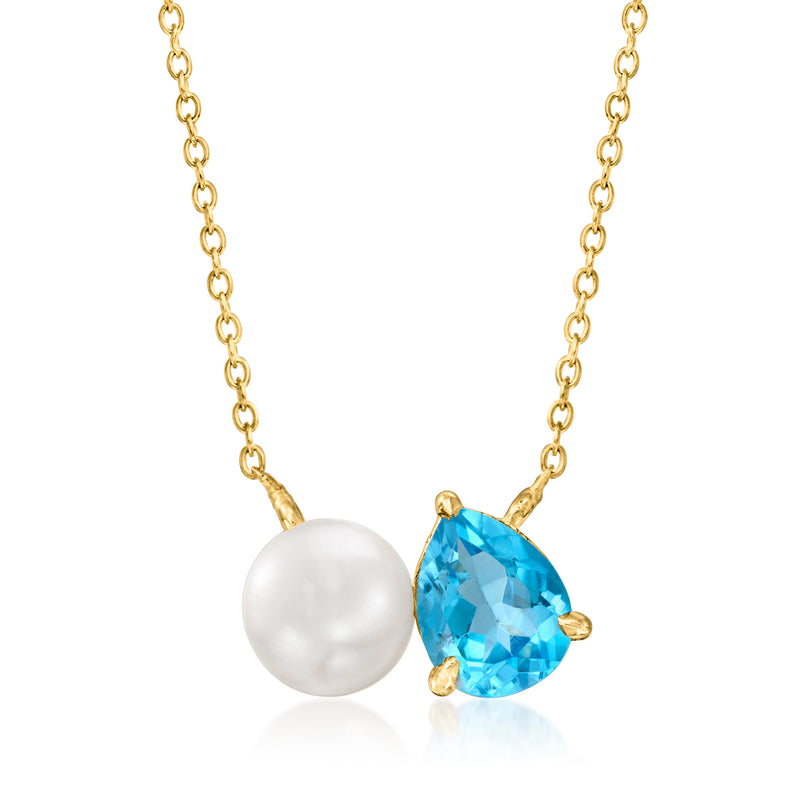 Gold toi et moi necklace with cultured pearl and Swiss blue topaz pendant