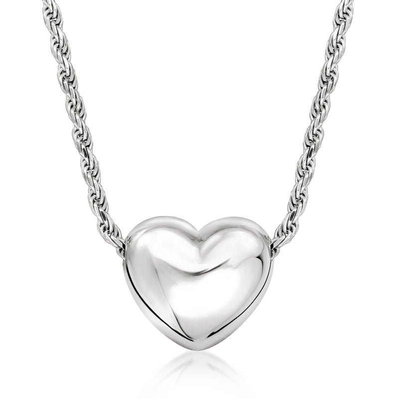 Sterling silver puffed heart pendant necklace with link chain