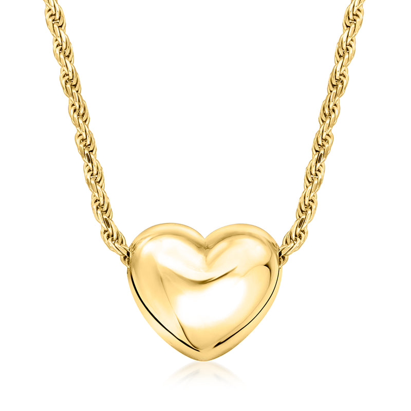 Gold over sterling puffed heart necklace with twisted chain and shiny heart pendant