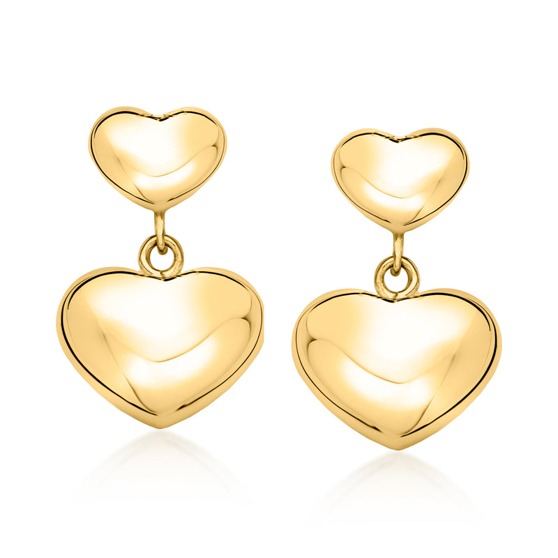 Gold heart drop earrings with two puffed heart charms, circular hook