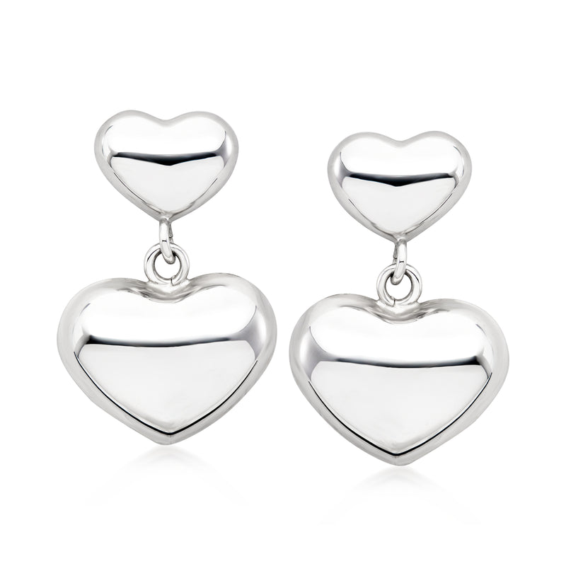 Sterling silver double puffed-heart drop earrings with two heart charms