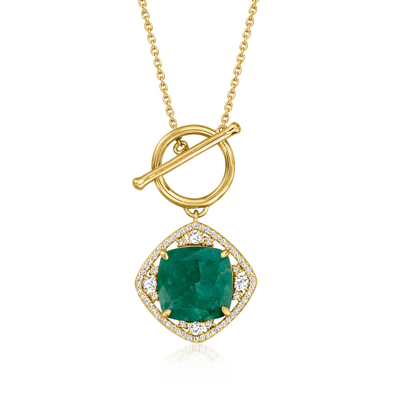 Gold toggle necklace with green emerald-cut center and white topaz halo pendant