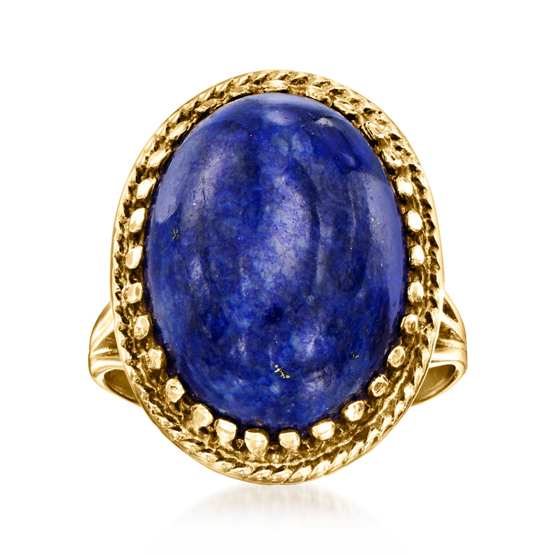 Vintage blue lapis cabochon ring in 10k yellow gold with scalloped halo bezel
