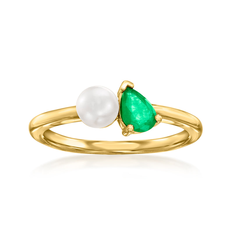 14kt yellow gold toi et moi ring with white cultured pearl and green emerald teardrop