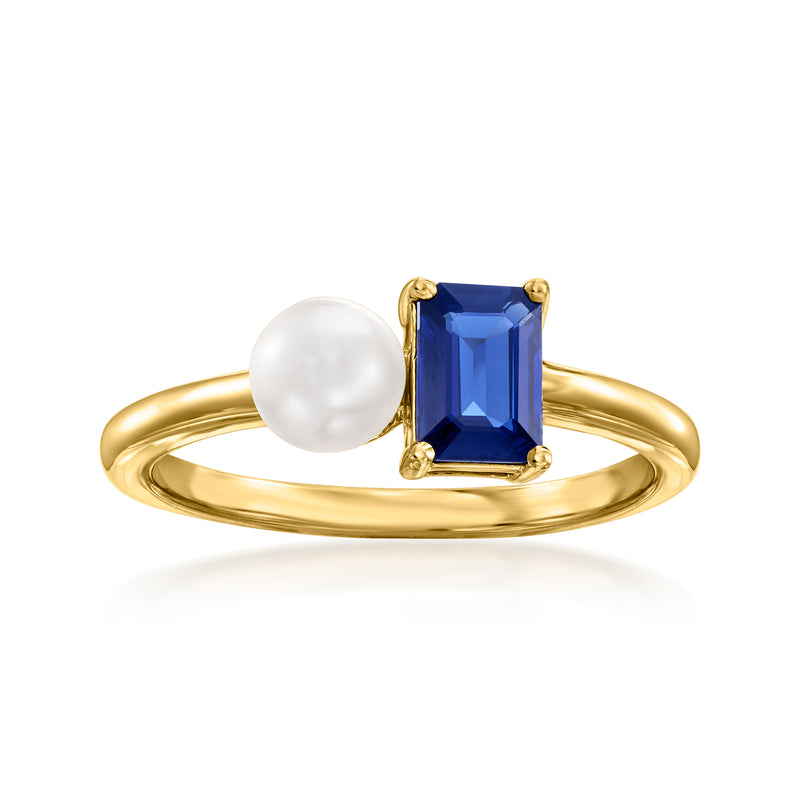 14kt yellow gold toi et moi ring with round white pearl and blue sapphire