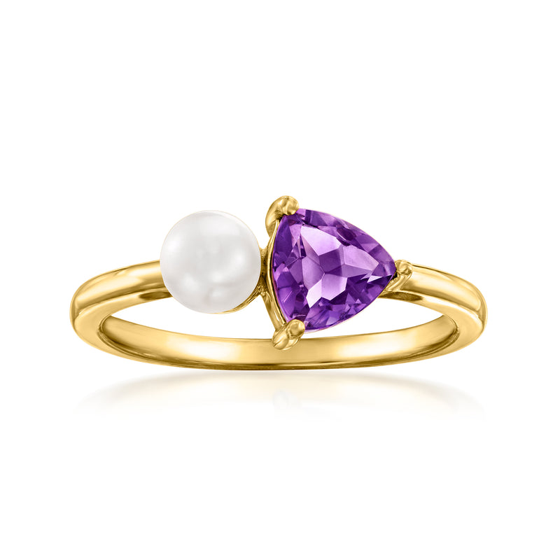 14kt yellow gold ring with white pearl and purple amethyst gemstone