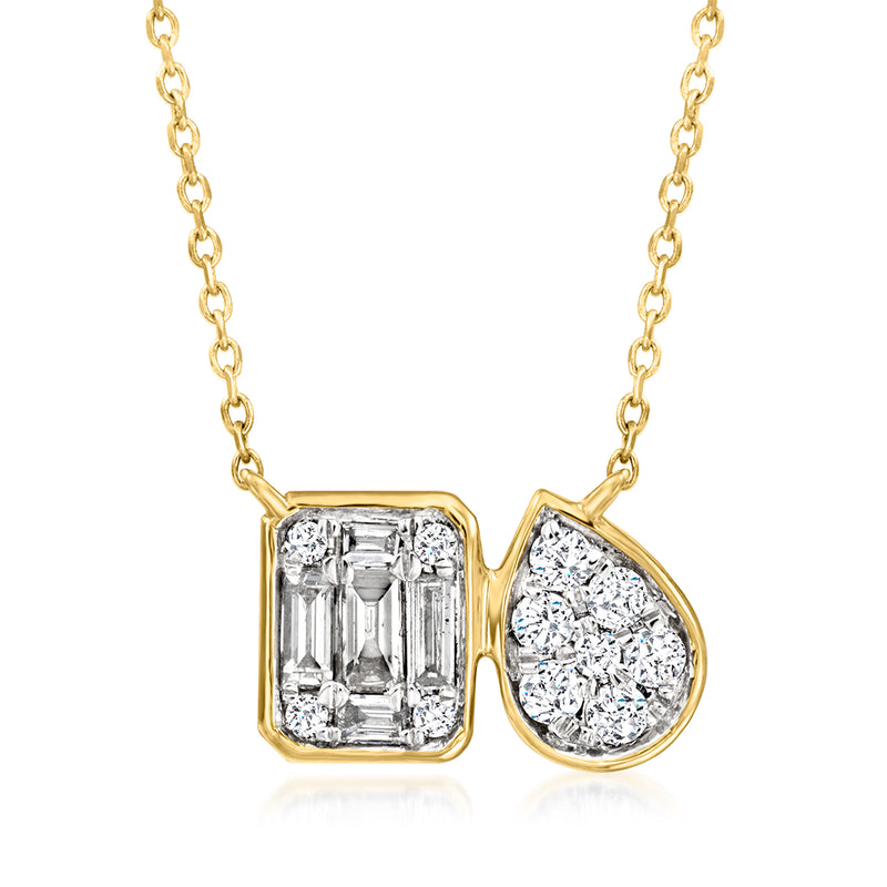 14kt yellow gold toi et moi diamond necklace with emerald-cut and pear-cut stones