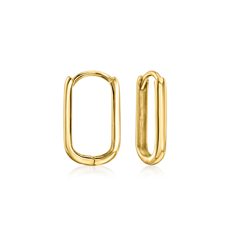 14kt yellow gold paper clip link hoop earrings, rectangular loop shape