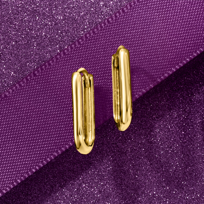 Yellow gold paper clip link hoop earrings, slim oval hoops, side view