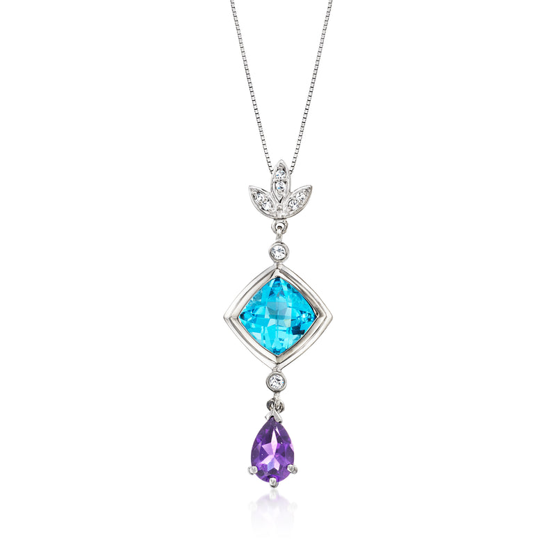 14kt white gold pendant necklace with blue and purple gemstones and small diamond accents