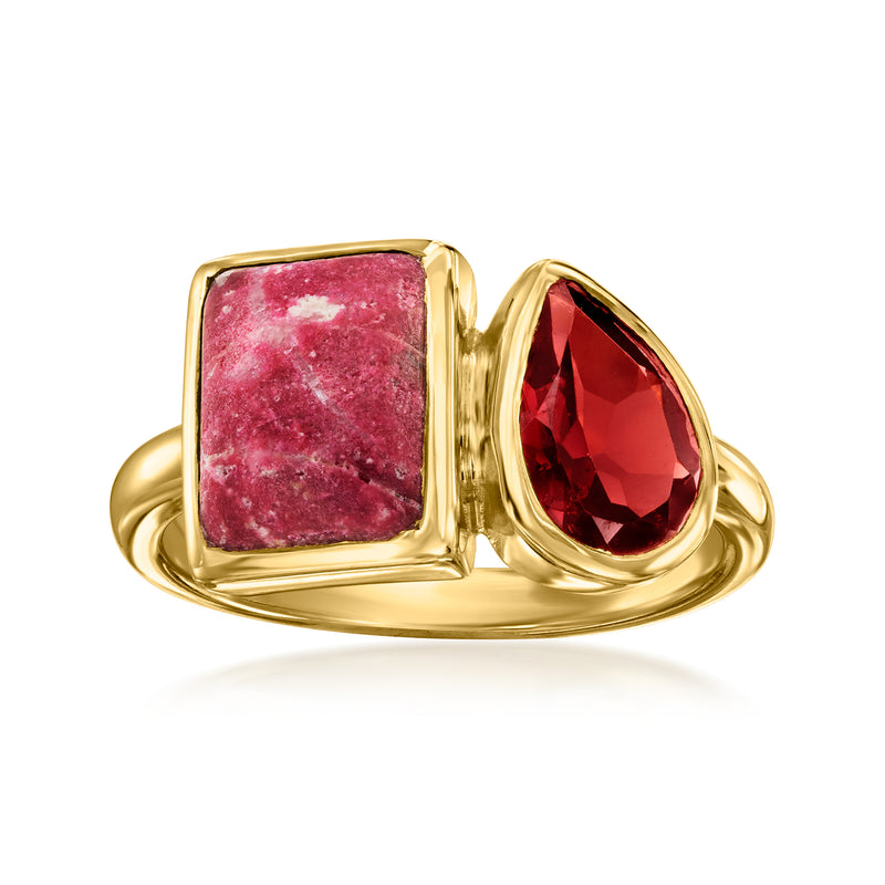 Gold-tone toi et moi ring: square red zoisite and oval red garnet in gold settings