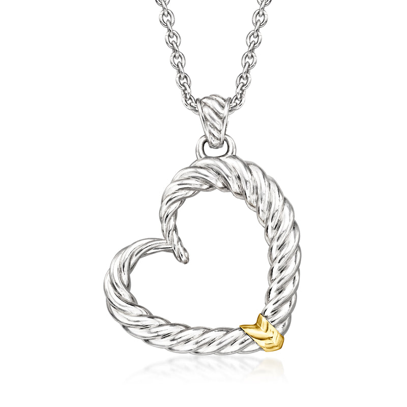 Twisted heart pendant necklace with sterling silver rope design and small yellow gold heart detail