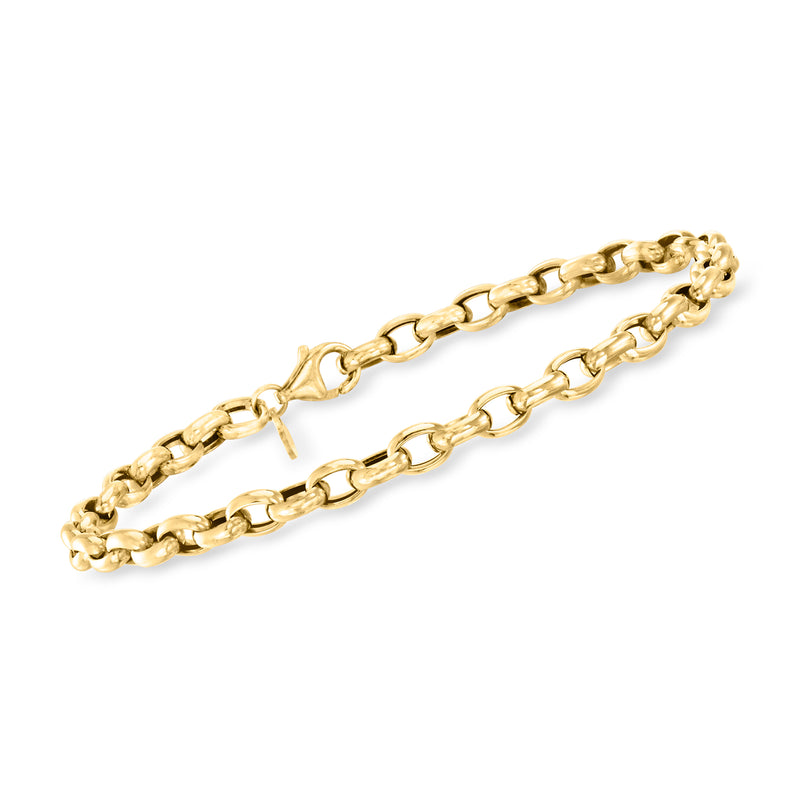 Yellow gold oval rolo-link bracelet with small chain links and clasp closure