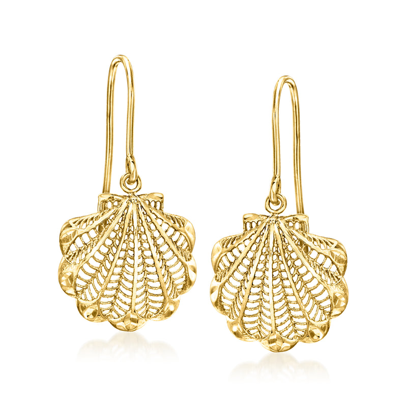 14kt yellow gold scallop seashell drop earrings, textured shell dangle on earwires