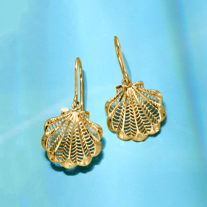 Textured scallop seashell drop earrings in 14kt yellow gold with earwire hooks
