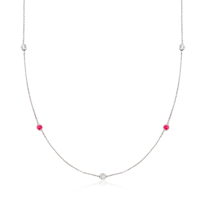 14k white gold station necklace with round ruby beads and small diamond stations