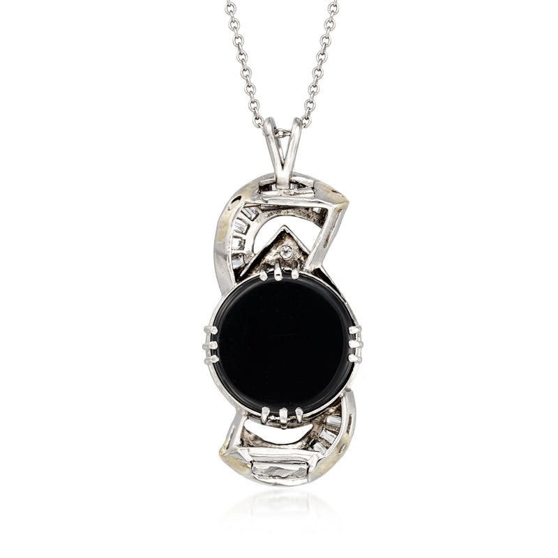 Platinum pendant necklace with round black onyx cabochon and diamond accents